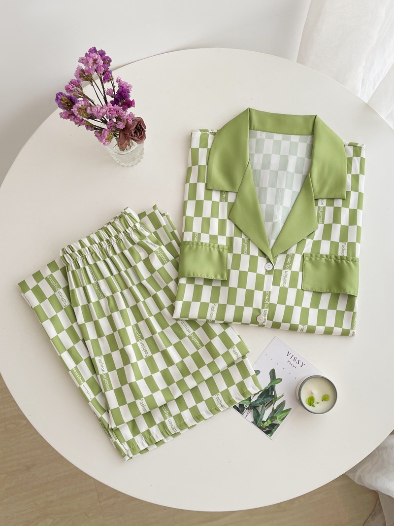Womens Sleepwear Green Plaid Fashion Womens Pajamas Pjs Set Satin Silk Long Pyjamas Summer Autumn Loungewear Home Wear 220902