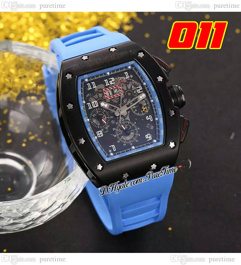 011 A21J Automatic Mens Watch PVD Steel Case All Black Skeleton Dial Big Date Yellow Rubber Riem 8 Styles horloges Puretime D4