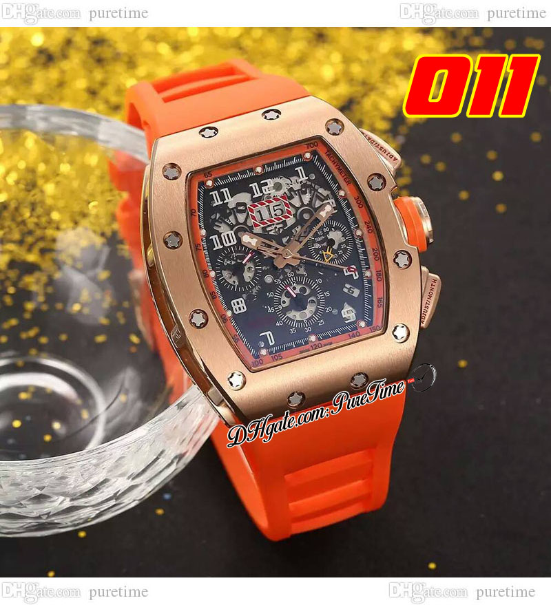 011 A21J Automático Homens relógio Rose Gold Skeleton Dial Big Date Blue Rubber Strap 7 Styles Watches PureTime D4