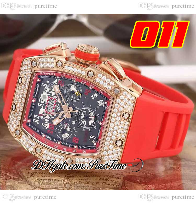 011 A21J Automático Homens relógio Rosa Diamantes de ouro rosa moldura de esqueleto Dial Big Data Breta de borracha preta 5 estilos relógios PureTime E5