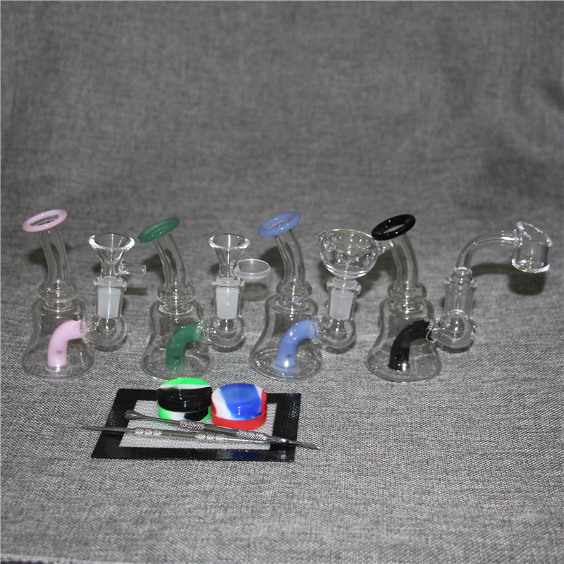 Hockahs Glass Bong Pipes Heady Mini Bongs Dab Rigs 작은 Bubbler Beaker Recycle Oil Rig 4mm Quartz Banger Dabber 도구 실리콘 컨테이너 매트