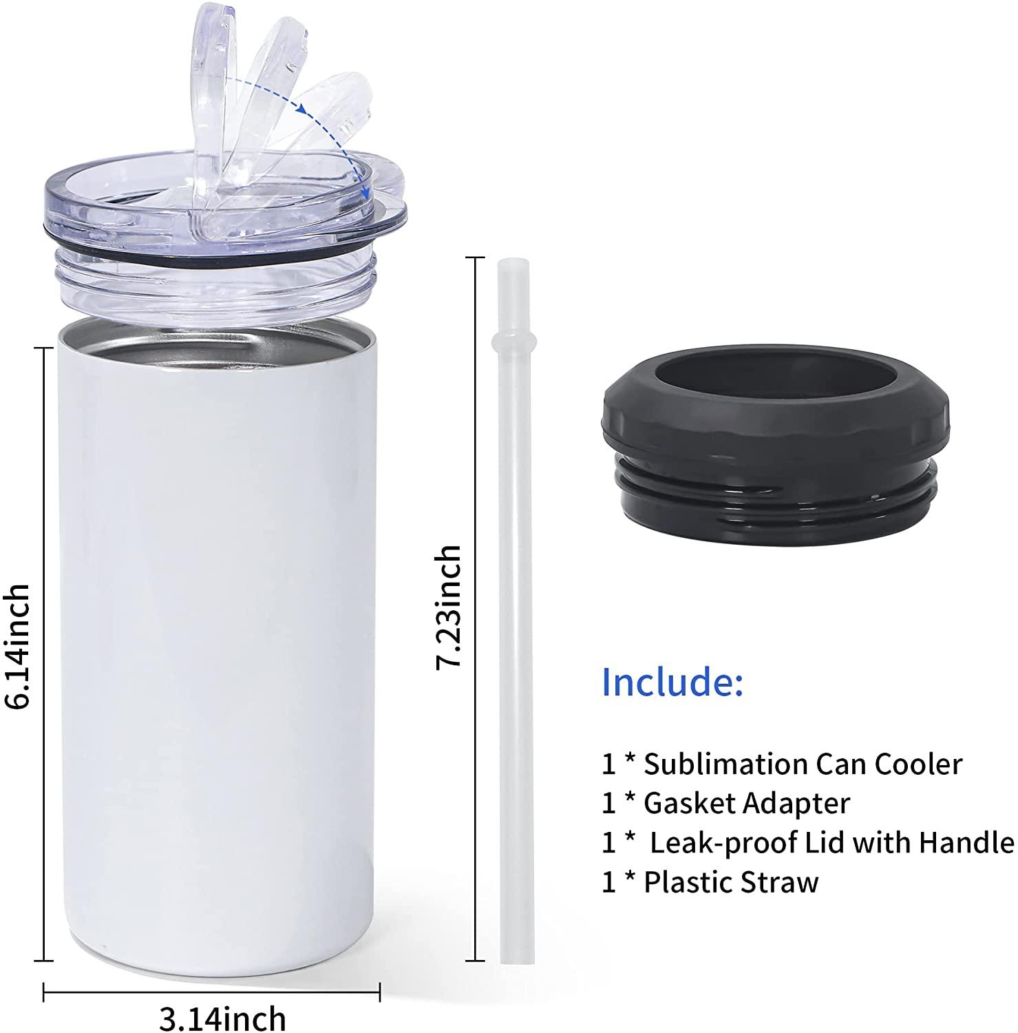 16 OZ Sublimation Can Cooler Tumblers Blanks 4-in-1 Can Insulator Adapter with Leack-Proof Lid & Plastic Straw, Stainless Steel Cooler 0422