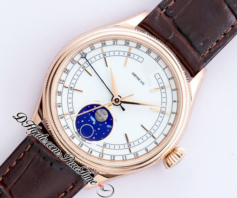 EWF Cellini Moonphase 50535 A3195 Automatische heren Watch 39 mm Rose Gold White Dial Real Meteorite Brown Leather Super Edition Same S9360329