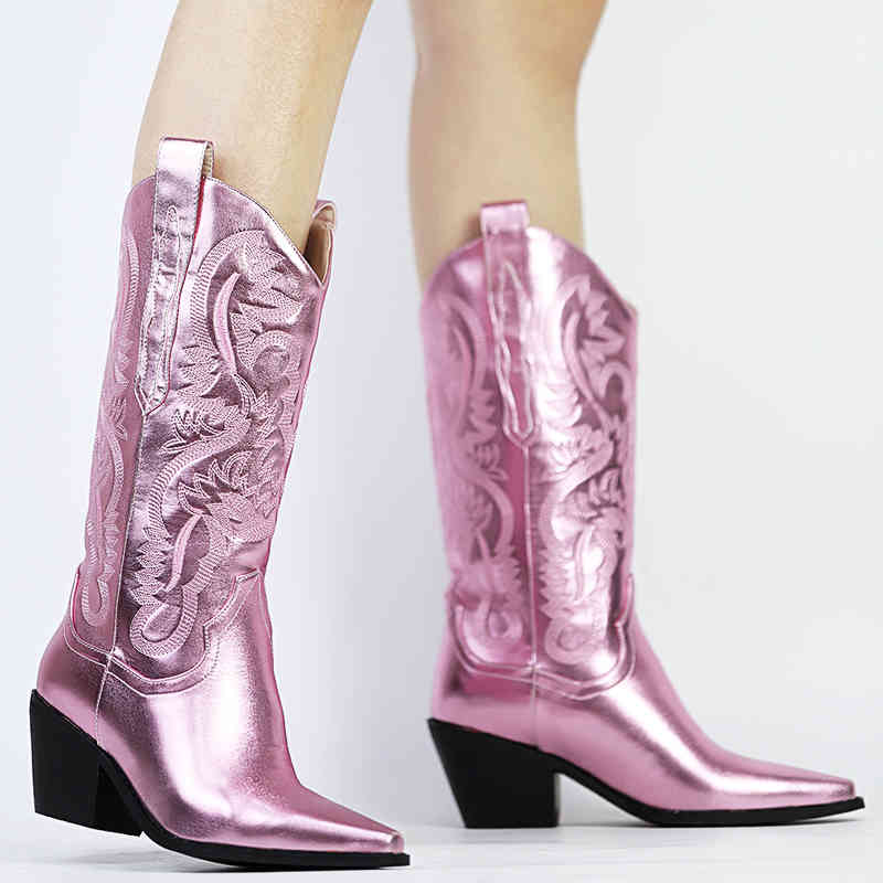 부츠 Bonjomarisa Female Fashion Vintage Cowboy Cowgirls Western Boots Autunn Retro Shoes Woman 220903에 청키 캐주얼 한 솔리드 자수 슬립