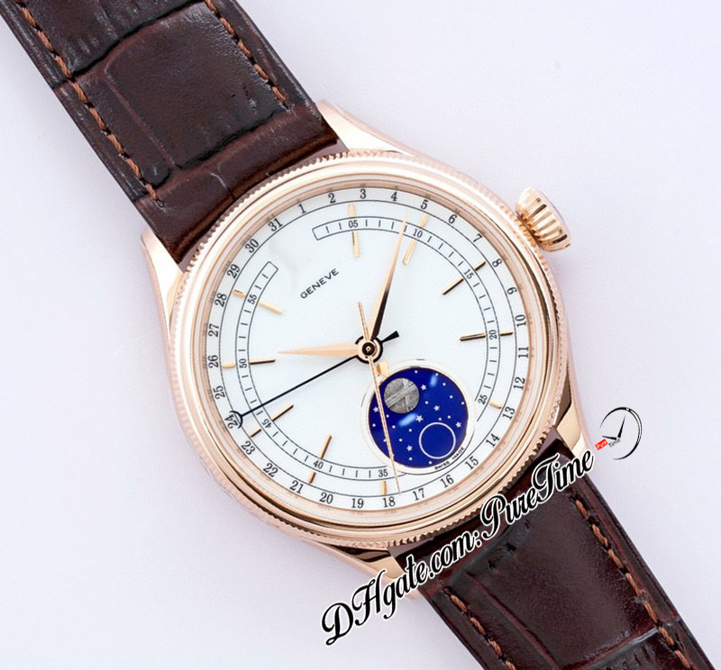 EWF Cellini Moonphase 50535 A3195 Automatische heren Watch 39 mm Rose Gold White Dial Real Meteorite Brown Leather Super Edition Same S9360329