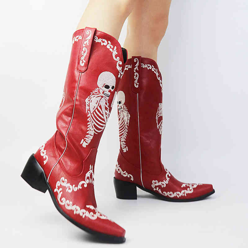 Boots Plus Size 34-48 Designs New ladies' Boots Winter Autumn mid-calf Boots Women Embroidery Cool Shoes Woman Chunky High Heels Women 220903