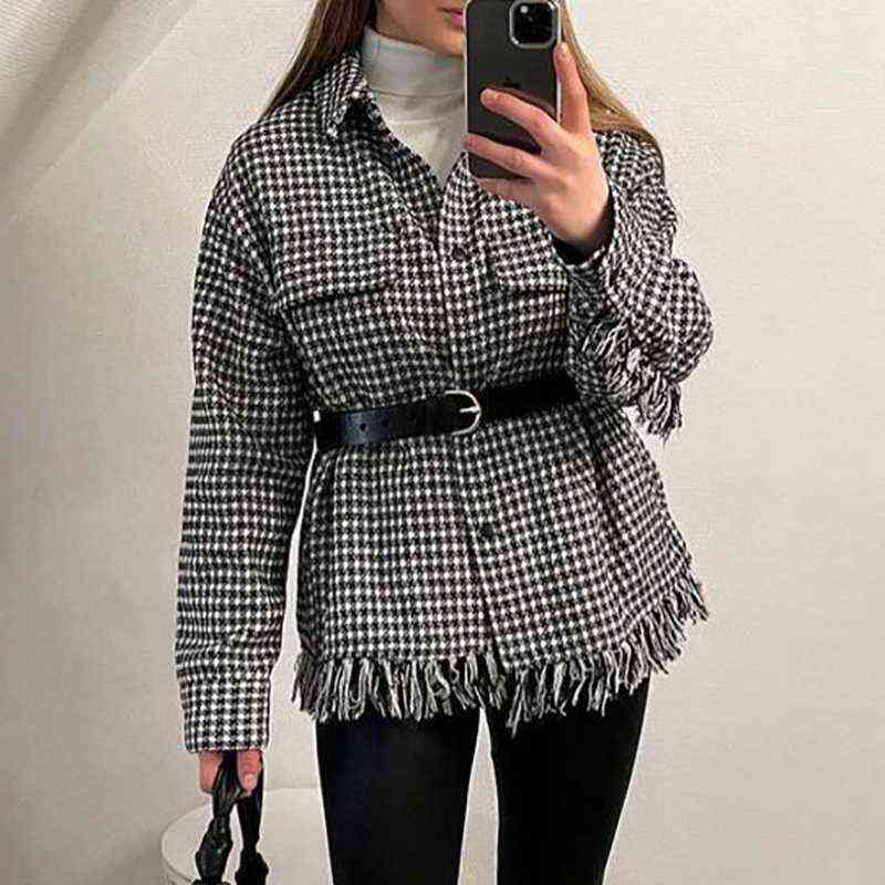 Women's Down Parkas Ardm Jacket Women Fashion Plaid Chaquetas De Mujer 2021 Houndstooth Tassel Tweed Pockets Blazer Coat Vintage Top Veste Femme T220902