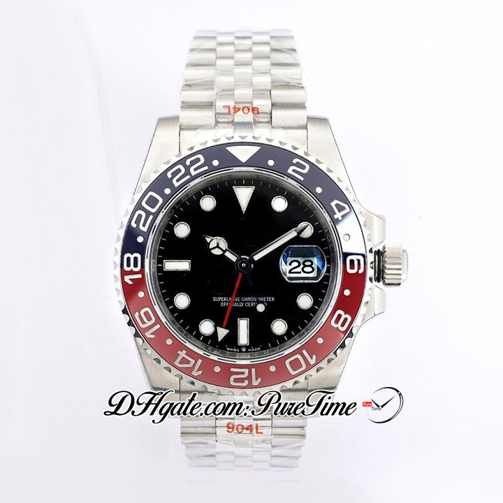 EWF GMT PEPSI 12671 A3186 Automatisk herrklocka Rödblå keramik Bezel Black Dial 904L Steel Jubileesteel Armband Super Edition Puretime B2