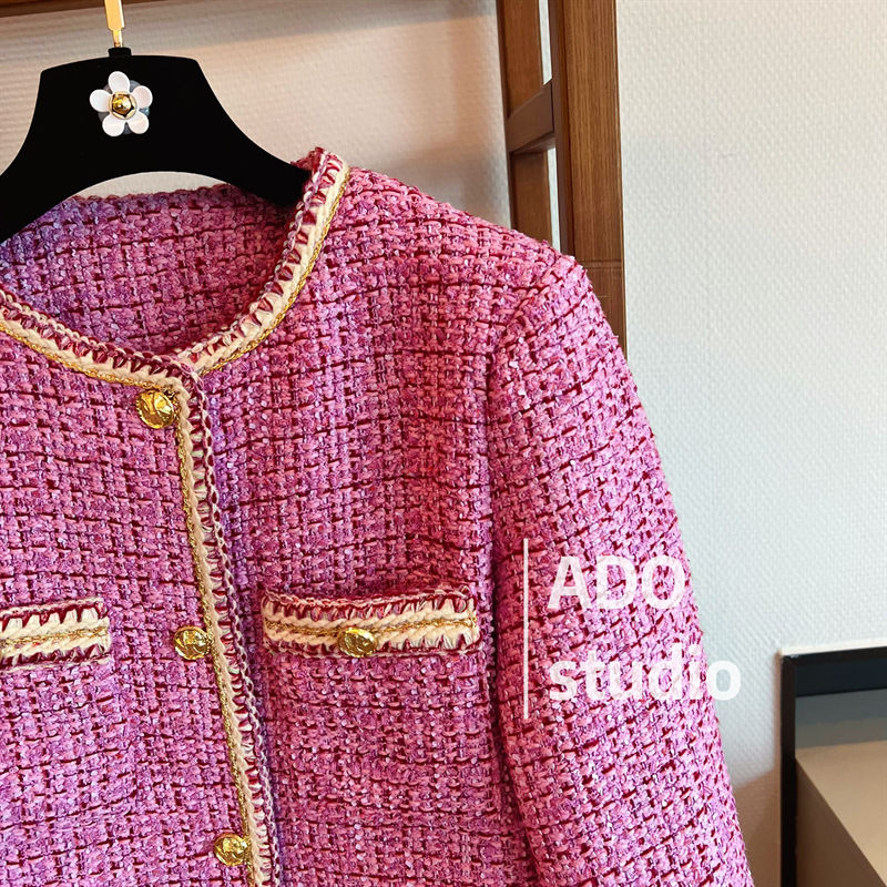 Roze tweed damesjas met ronde hals, korte wollen herfstjas met enkele rij knopen SMLXL