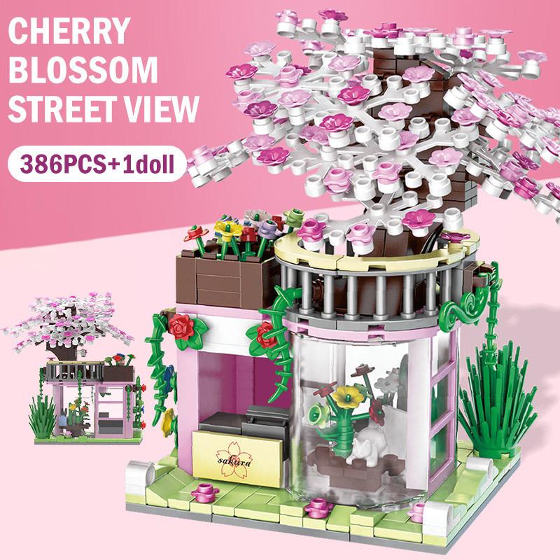 Blocchi Mini Edificio Fiore Fai da te Città Street View Rosa Fiore di ciliegio Negozio Modello 3D Decorazione Giocattolo assemblato bambini Ragazza Regalo 220902