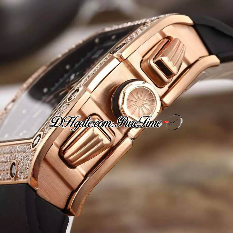 011 A21J Automatic Mens Watch Rose Gold Diamonds Bezel Skeleton Dial Big Date Black Rubber Strap 5 Styles Watches Puretime E5