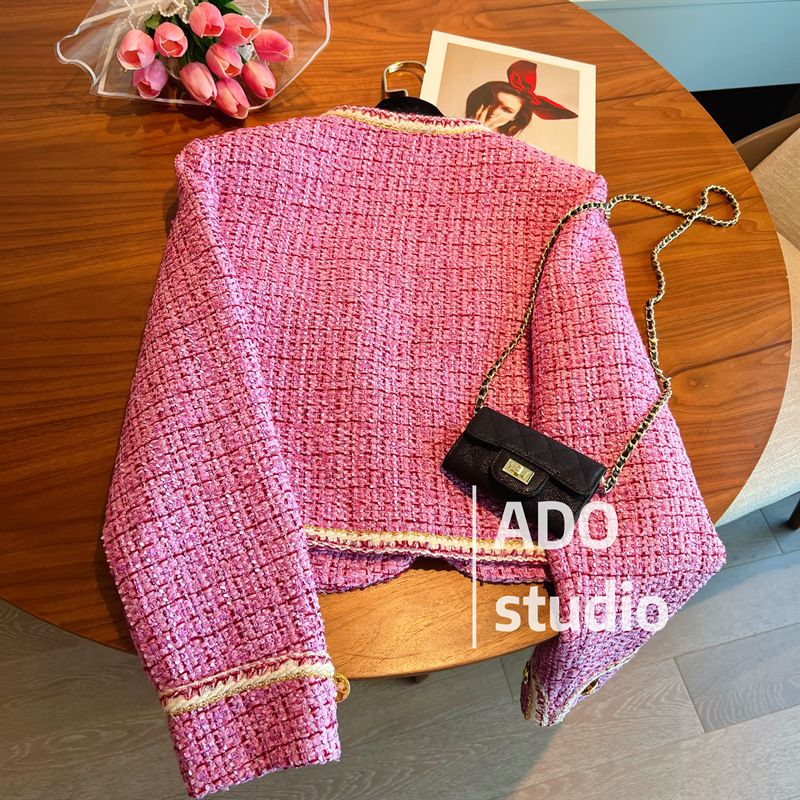 Roze tweed damesjas met ronde hals, korte wollen herfstjas met enkele rij knopen SMLXL