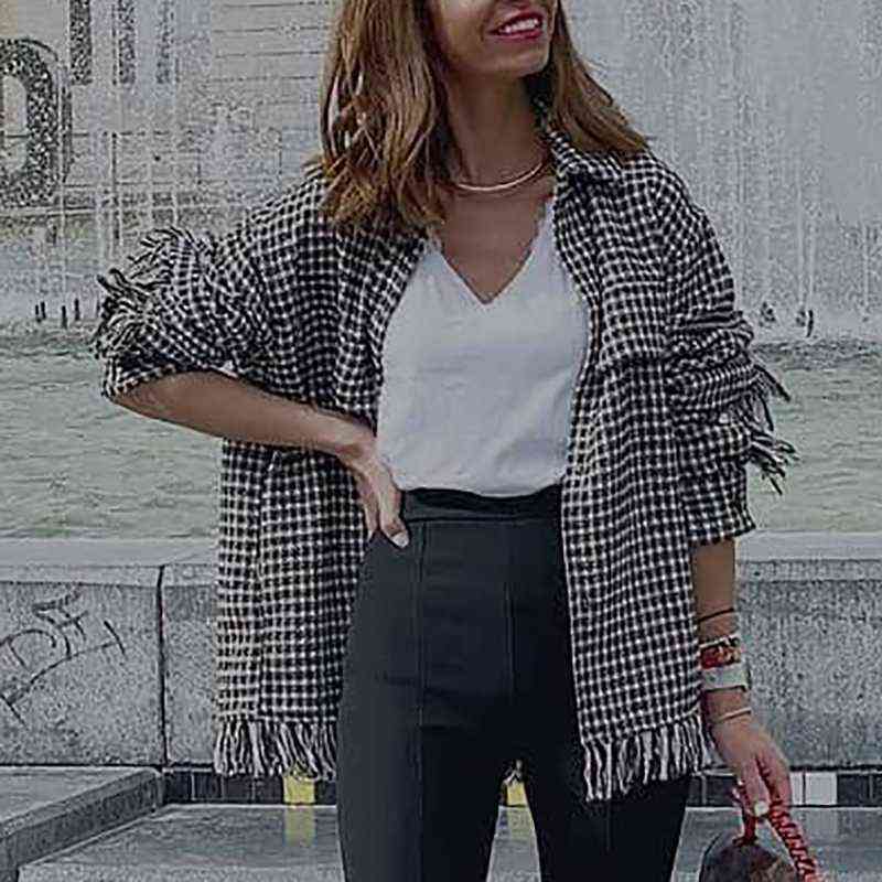 Women's Down Parkas Ardm Jacket Women Fashion Plaid Chaquetas De Mujer 2021 Houndstooth Tassel Tweed Pockets Blazer Coat Vintage Top Veste Femme T220902