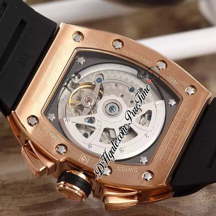 011 A21J Automatic Mens Watch Rose Gold Diamonds Bezel Skeleton Dial Big Date Black Rubber Strap 5 Styles Watches Puretime E5