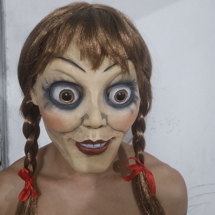 M￡scaras de festa Annabelle Mask Horror Movie Come Home Figurino Props Hearzear com Braid Wig Halloween M￡scara assustadora