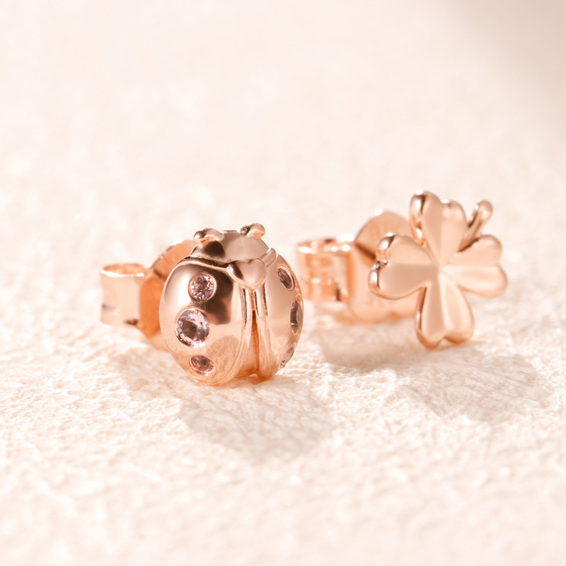 Rose Gold Clover och Ladybird Stud ￶rh￤ngen Kvinnor Girls Party Jewelry with Original Box f￶r Pandora Real Sterling Silver Girl Girl Gift Earring Set