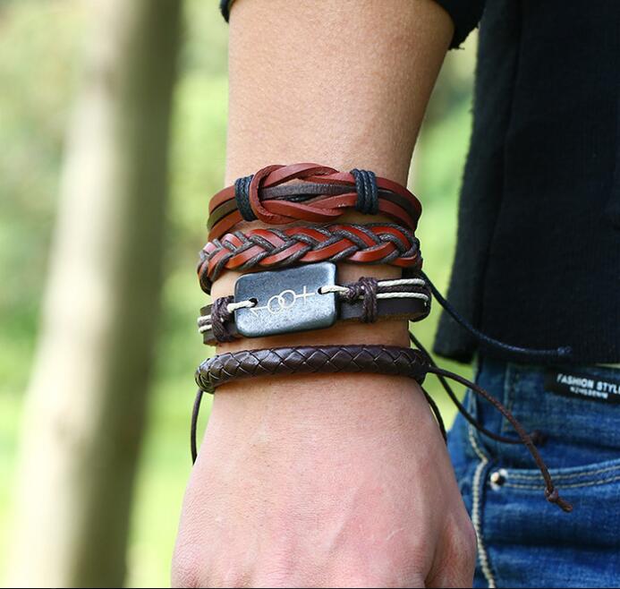 Pulsera de piel de vaca para hombre y mujer, hebras de cuentas DIY, anillo con remache marrón, pulsera de juego de combinación de Hip hop, 12 estilos/1 Juego