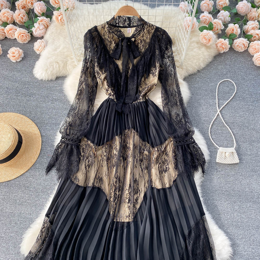 Spring Autumn Elegant Women Bow Lace Patchwork Dress Vintage Puff Sleeve Ruffled Long Dress Pleated Dress for Party 2023
