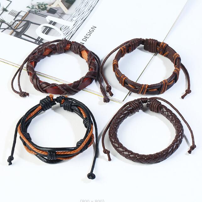 Pulsera de piel de vaca para hombre y mujer, hebras de cuentas DIY, anillo con remache marrón, pulsera de juego de combinación de Hip hop, 12 estilos/1 Juego