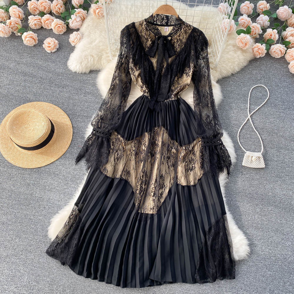 Autumn Fashion Black Lace Party Dress Women Clothing Bow Collar Long Flare Sleeve Elegant Hollow Out Stitching Pleated Vestidos 2023