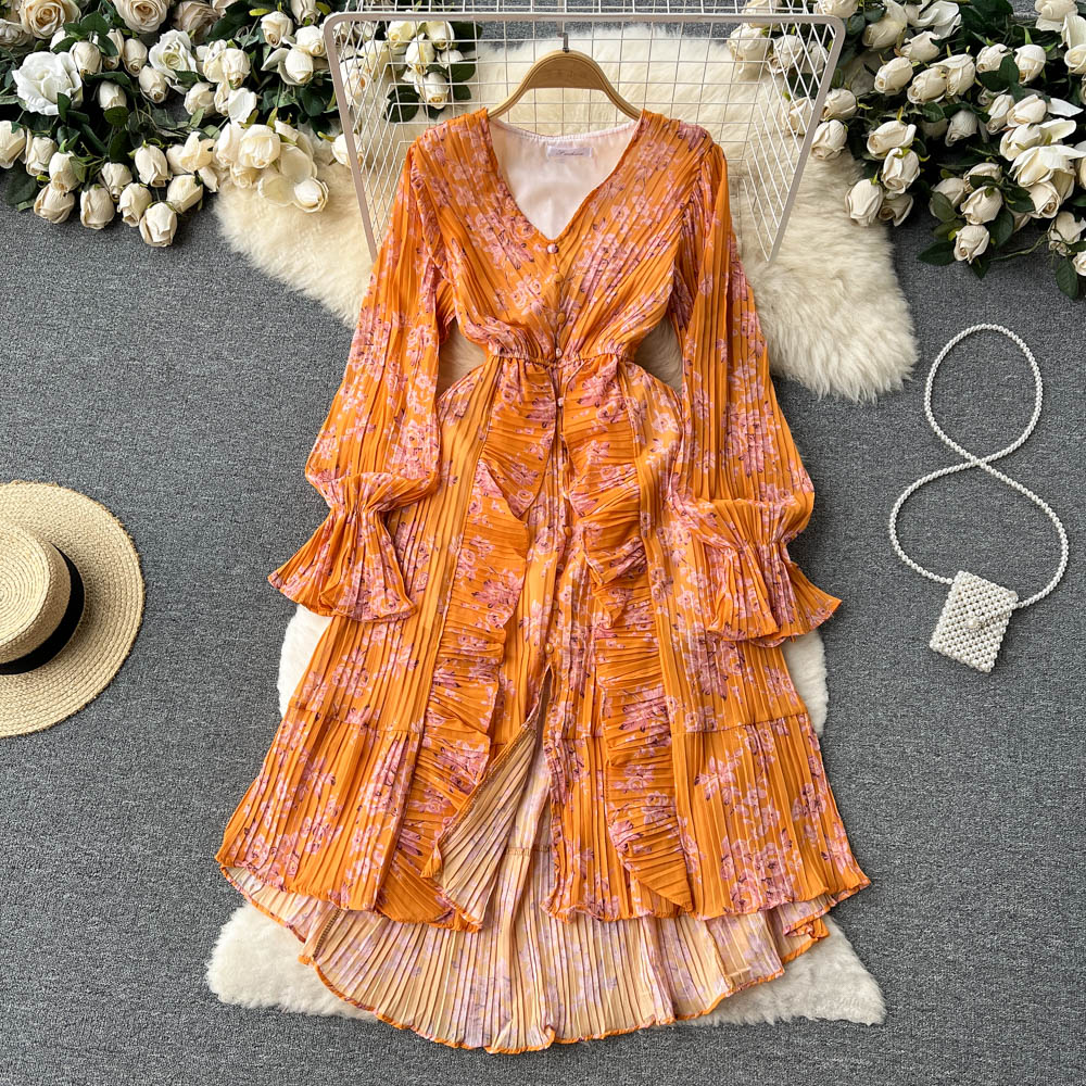 Novas mulheres casuais vestidos de ver￣o estampa floral full full lady vestido a linha v pesco