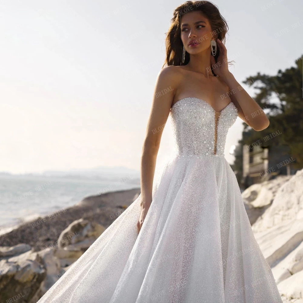 Glitter tyll a-line bröllopsklänning älskling strand brud klänning skräddarsydd prinsessa pärlast brud klänning 2022 nyaste