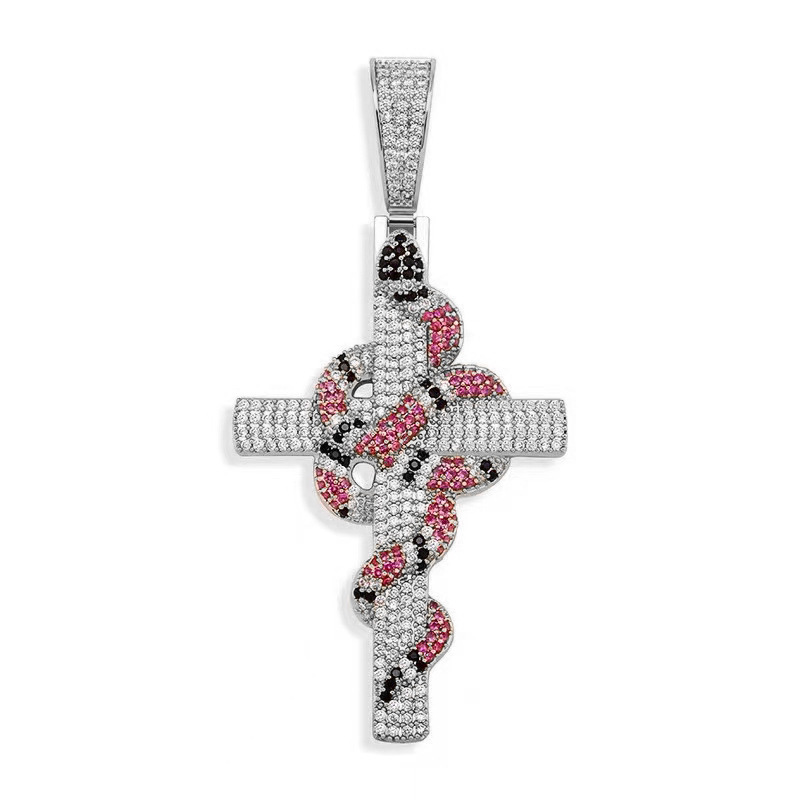 Hip Hop coloré serpent croix pendentif collier Bling bijoux religieux pleine zircone cubique