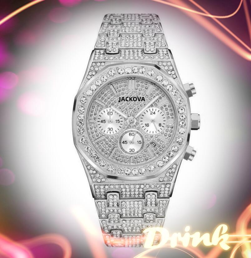 Test Fashion Mens Watch Stopwatch 43 mm duże diamenty pierścionkowe pierścień szafir szklistę torbiei pełne funkcjonalne stali nierdzewne pasmo wodoodporne 256f 256f