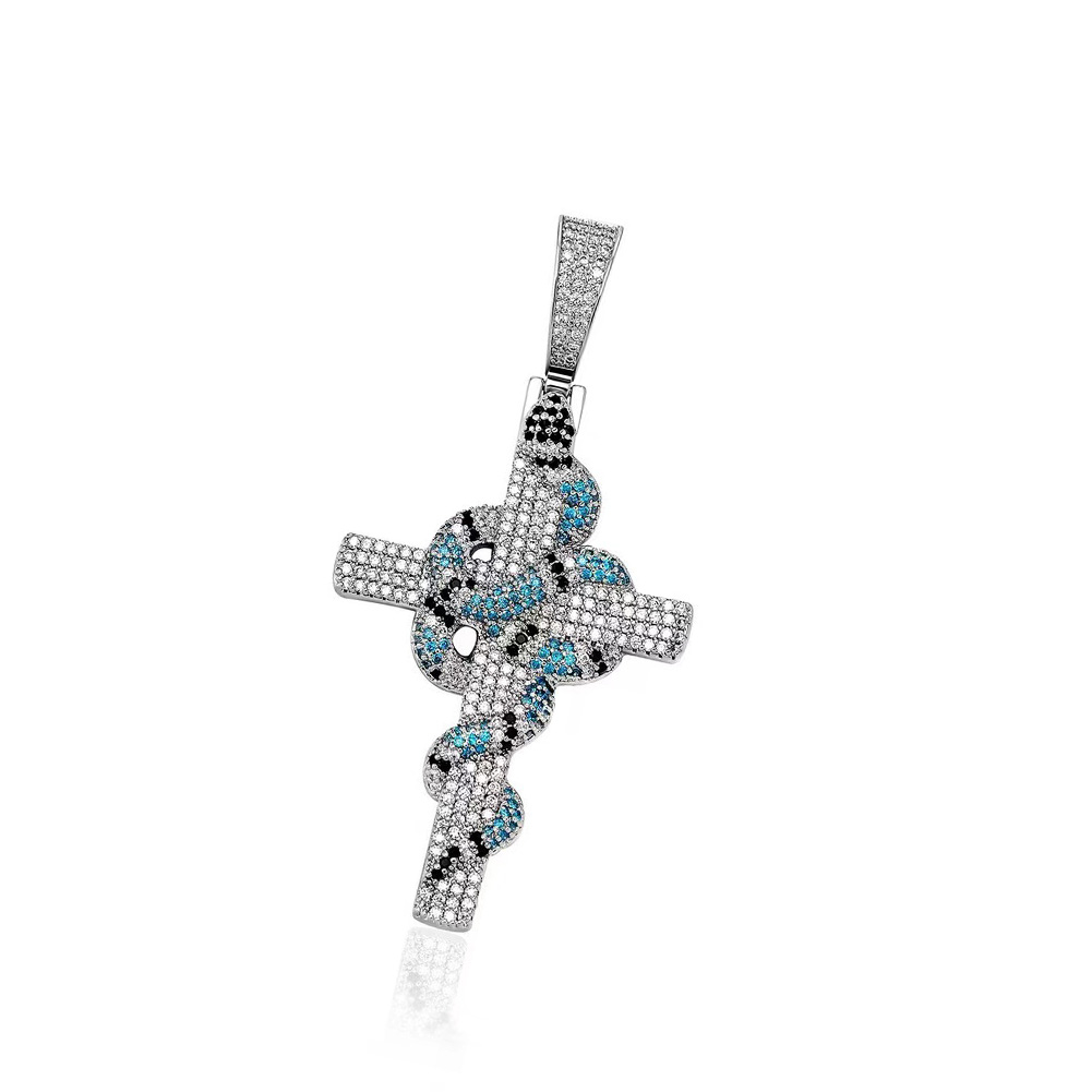 Hip Hop coloré serpent croix pendentif collier Bling bijoux religieux pleine zircone cubique