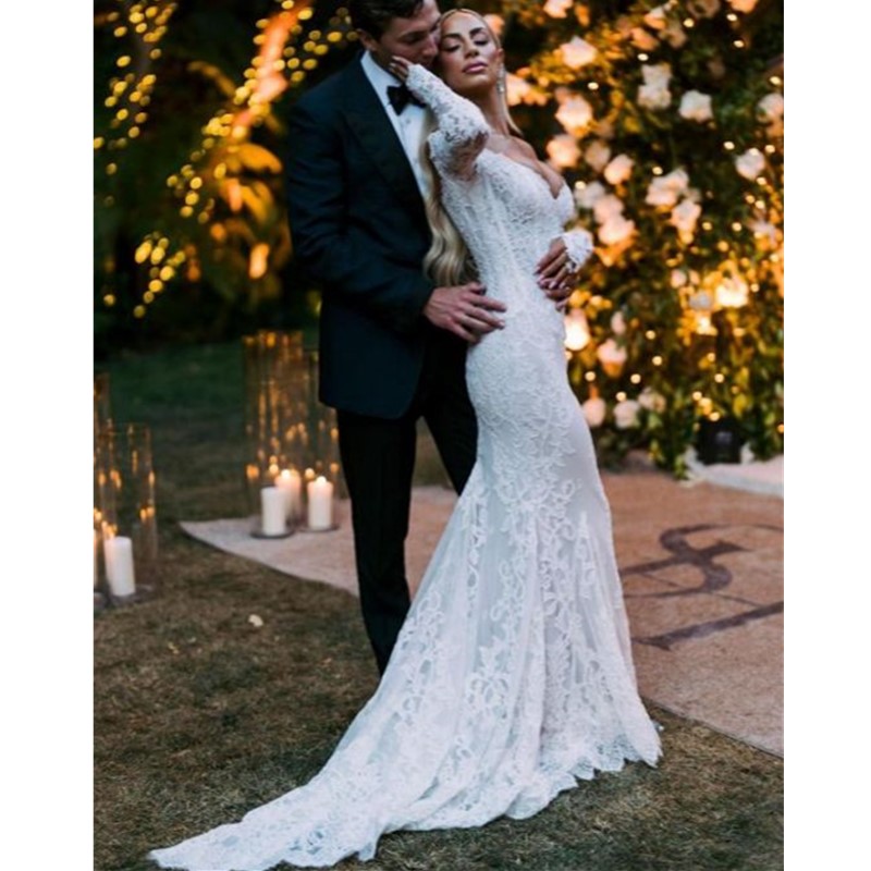 2023 Gorgeous Long Sleeve Lace Mermaid Wedding Dresses Long Dubai African Petite Natural Slin Fishtail Off-shoulder Train Bridal Gowns