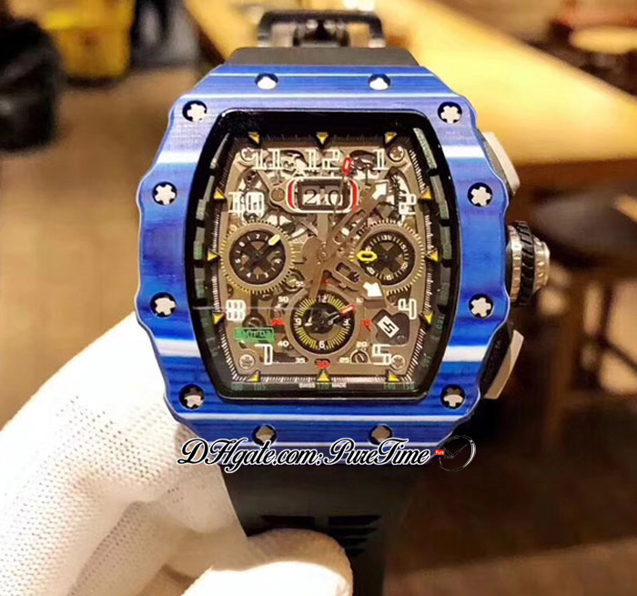 2022 11-03 A21J Automatic Mens Watch Blue Carbon Fiber Case Skeleton Dial Big Date Black Crown Rubber Strap 8 Styles Watches Puretime H8