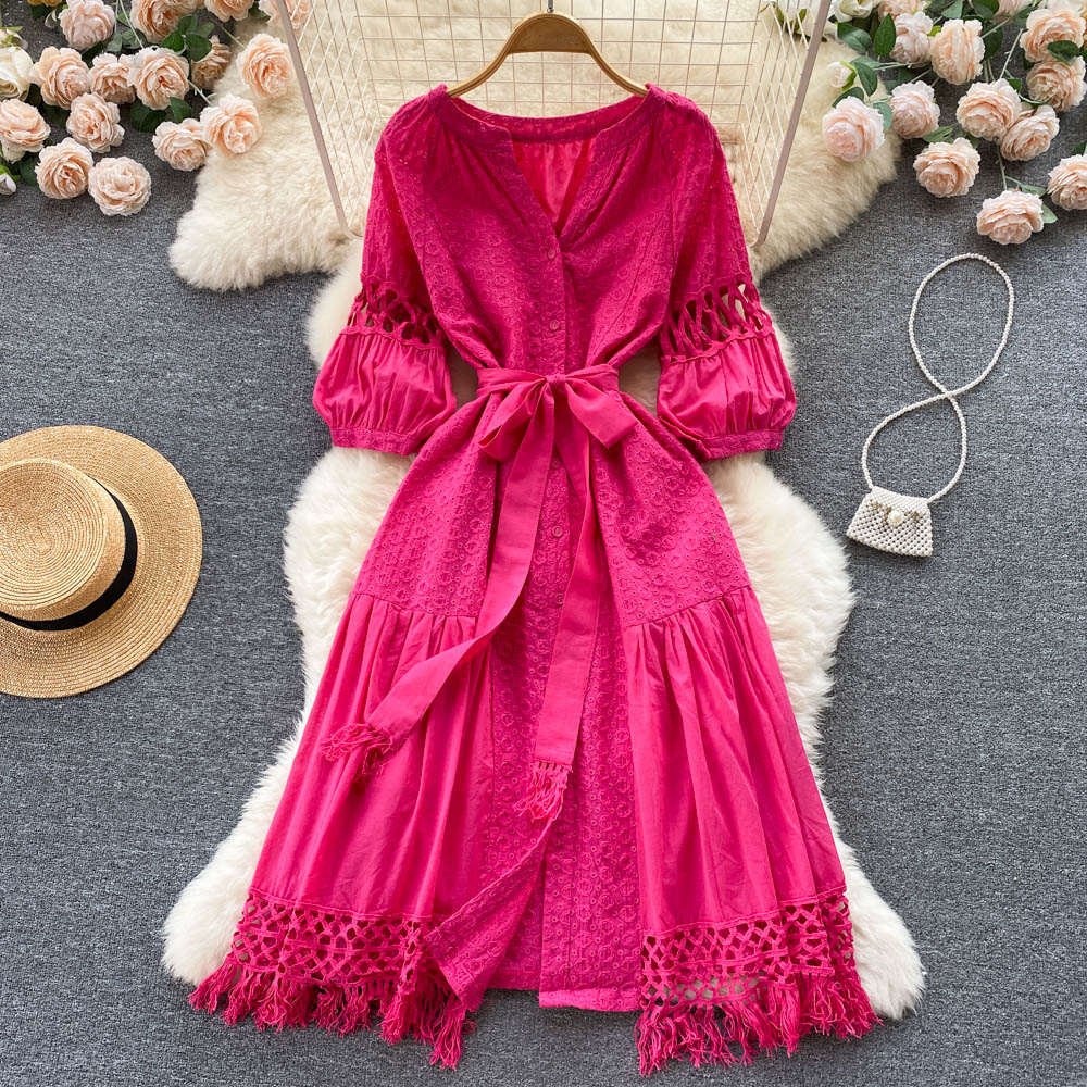 New Lace Green Casual Dresses Summer Solid Slim Short Lady Dress A Line V Neck Chiffon Button Single Breasted Mid-Calf Women Dresses 2023