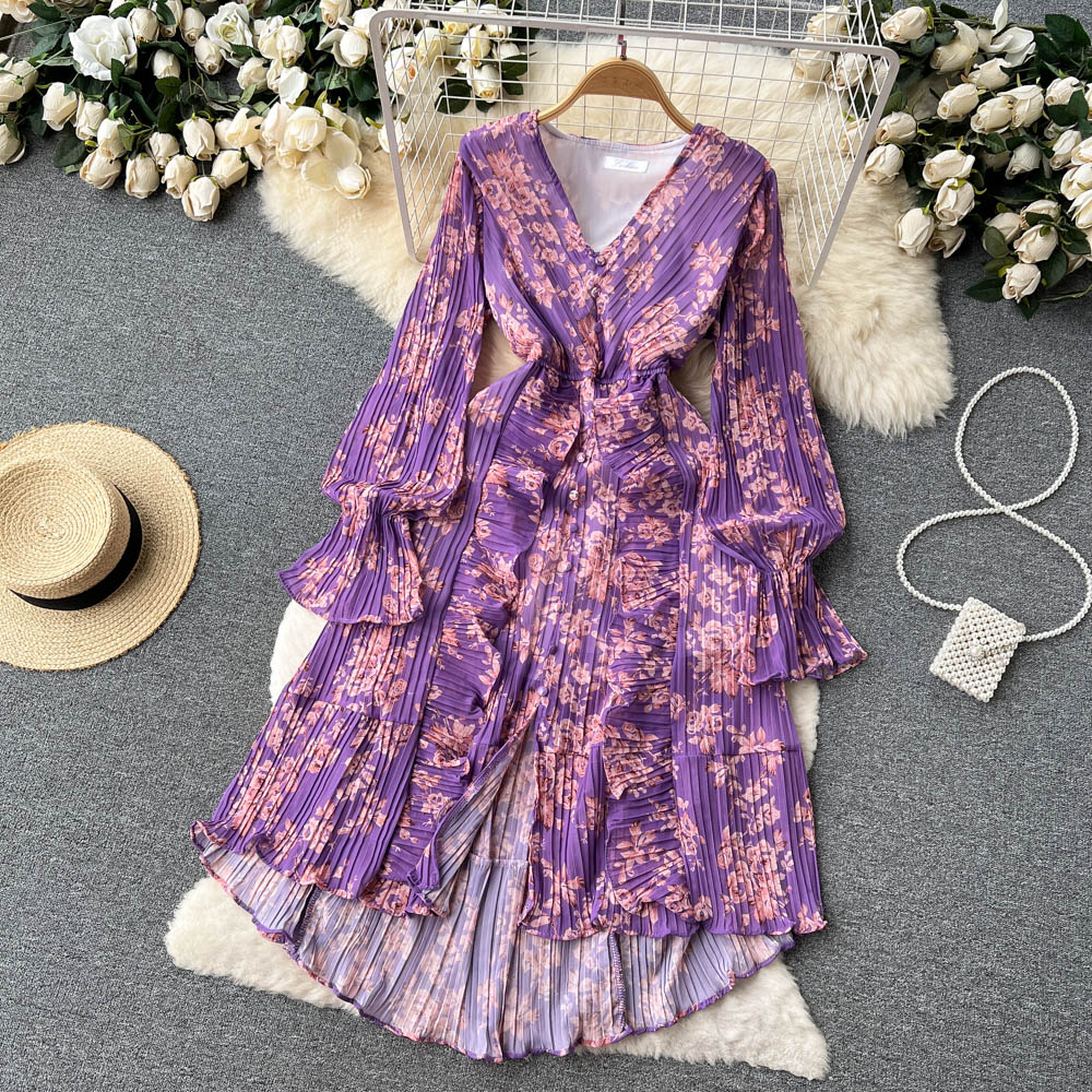 Novas mulheres casuais vestidos de ver￣o estampa floral full full lady vestido a linha v pesco