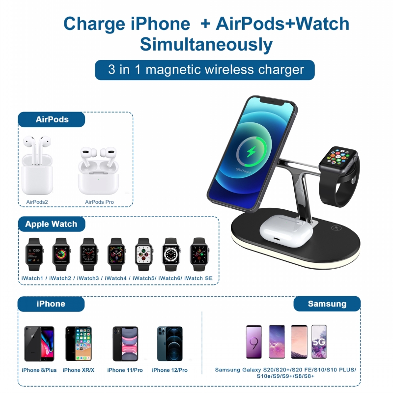 3 в 1 магнитное быстрое беспроводное зарядное устройство для iPhone 13 12 PROMAX Apple Watch Chargers 15W Зарядка док