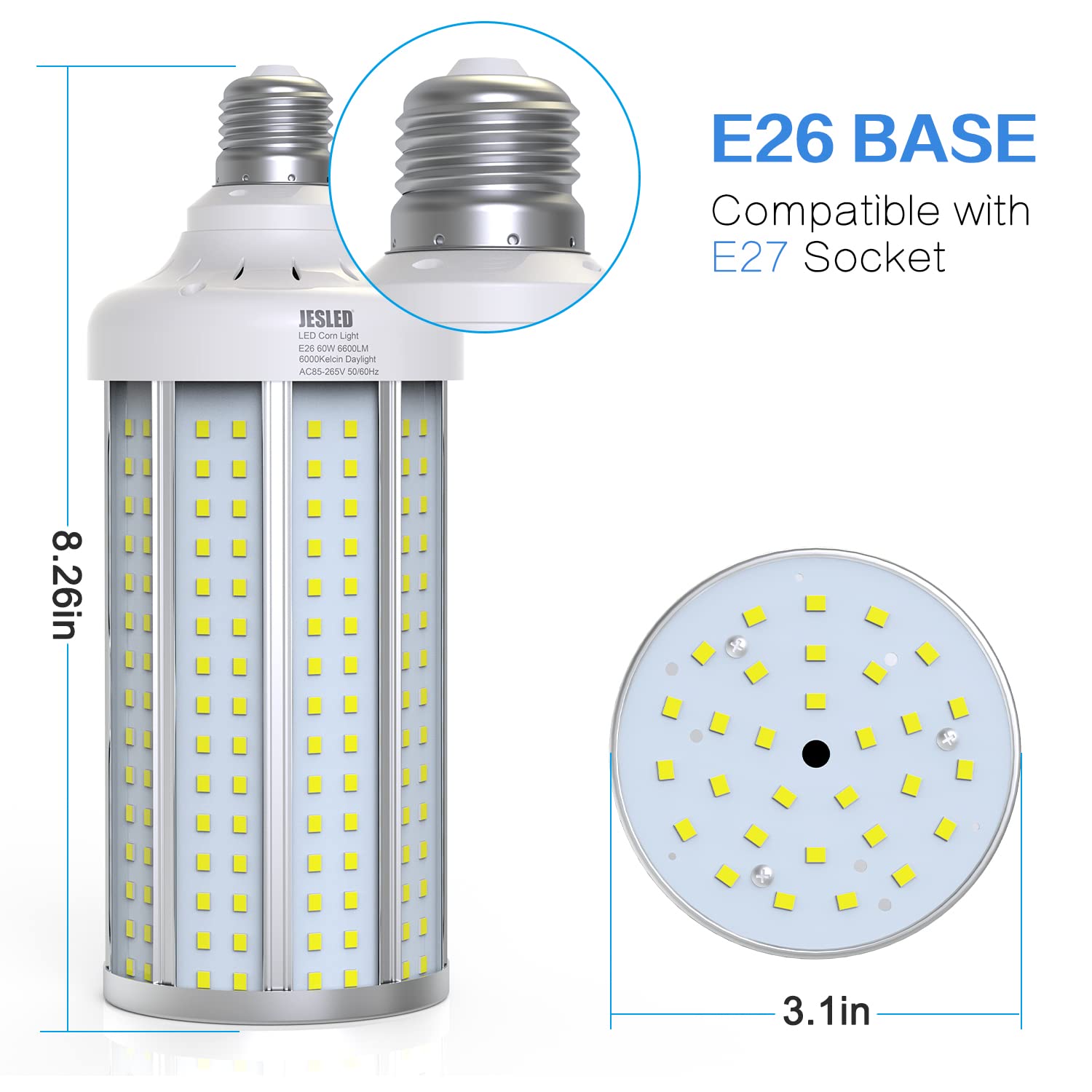 USA: s lager 500W Ekvivalent LED -majs glödlampa 6600 lumen 6000k stort område Cool Daylight White E26/E27 Medium BASE Lämplig för inomhus utomhus garage lager
