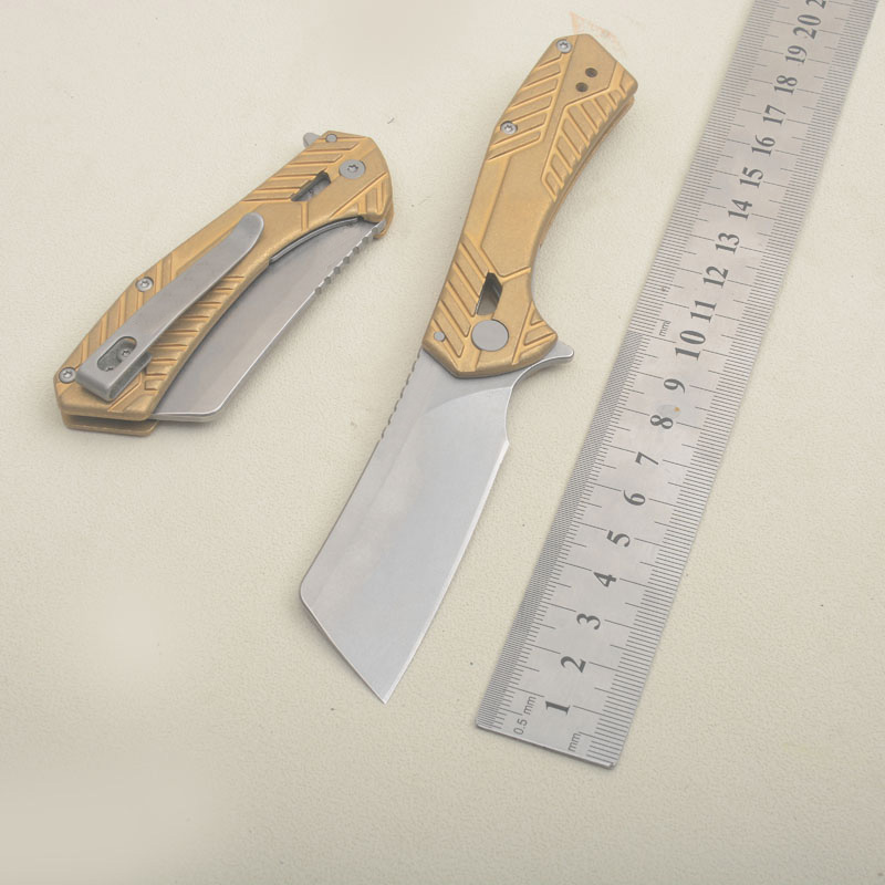 New Arrival K6445 Flipper Folding Knife 8Cr13Mov Gray Titanium Coated Tanto Blade Gold Stainless Steel Handle Ball Bearing Folder Knives with Retail Box