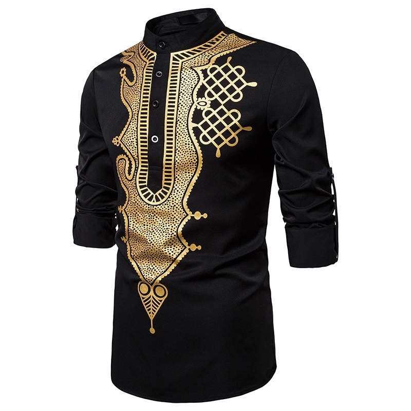 Chemises décontractées pour hommes à manches longues de luxe or imprimé fleuri Henley Style ethnique col montant Dashiki africain 220905