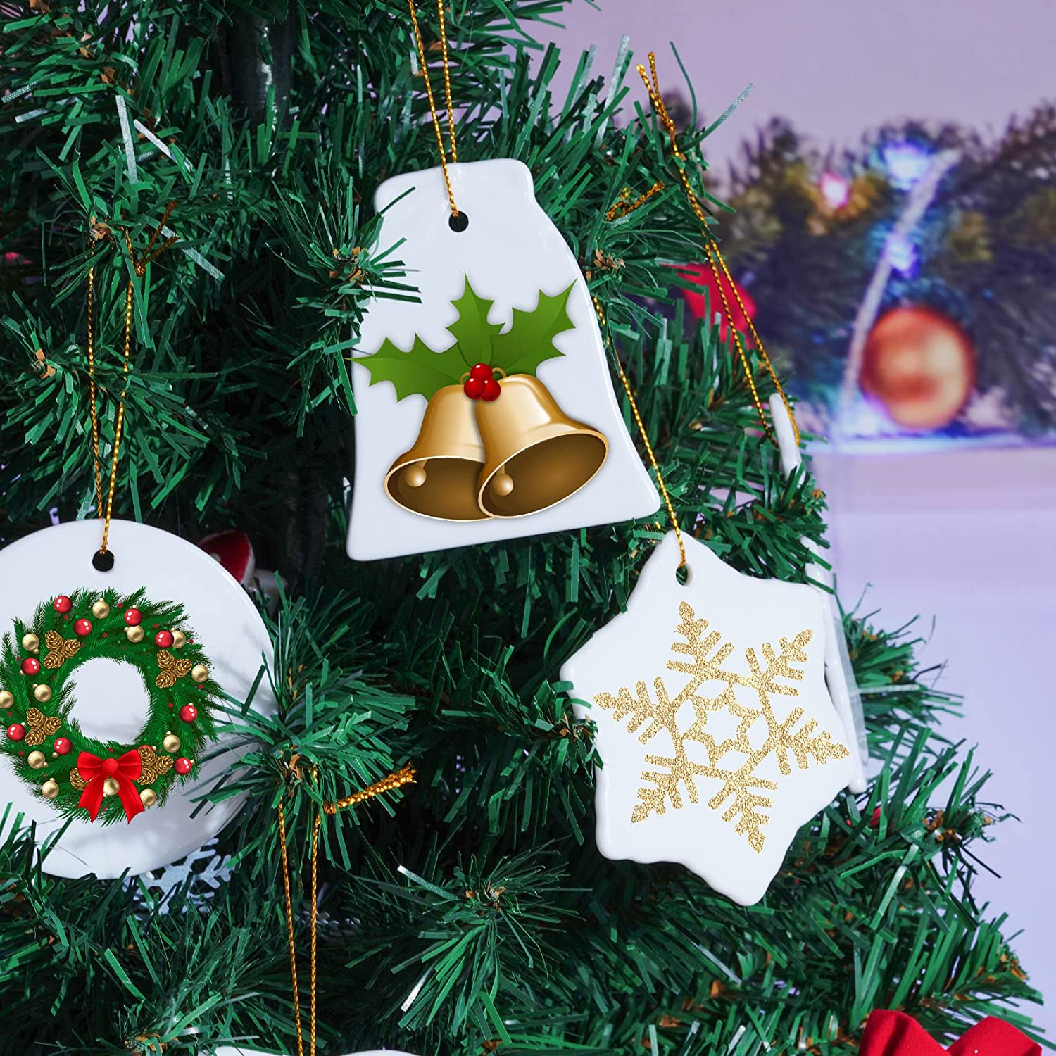 Sublimatie 3 inch keramische ronde hanger kerstboom ornamenten vakantiedecor met touw blanco diy voor warmtepersafdruk