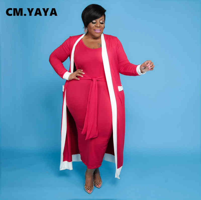 Women's Plus Size TraCKsuits Cm. Yaya Women Plus Size Set Patchwork Full Sleeve Long JaCKet O-neCK Bandage Lace Long DrESS Two Sets Outfit Summer L220905