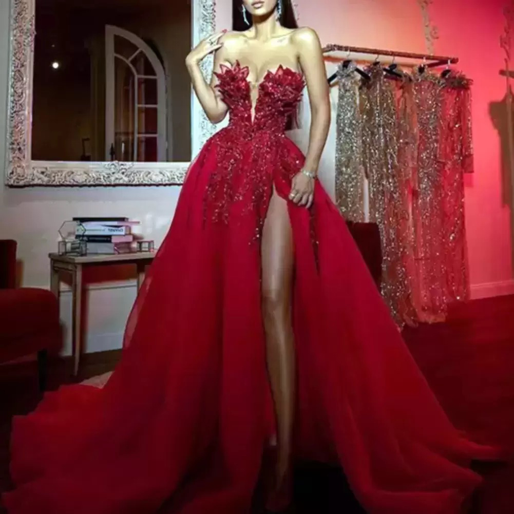 Abiti da ballo eleganti e lussuosi in pizzo rosso arabo Aso Ebi con perline Cristalli Abiti da cerimonia la seconda accoglienza da sera sexy da sera