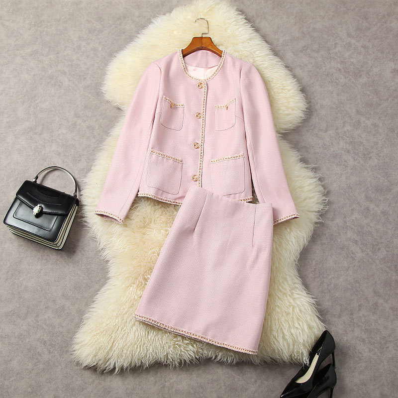 2022 Autumn Pink Solid Color Two Piece Dress Sets Long Sleeve Round Neck Tweed Single-Breasted Coat & Panelled Short Skirt Suits Set 22S02T2067