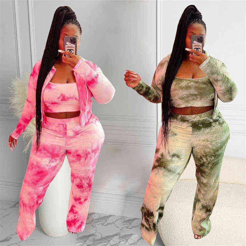 Tute taglie forti da donna Abbigliamento donna taglie forti Gilet in tre pezzi Tie Dye Giacca a maniche lunghe e pantaloni Completi Completi Tuta Set Dropshipping all'ingrosso L220905