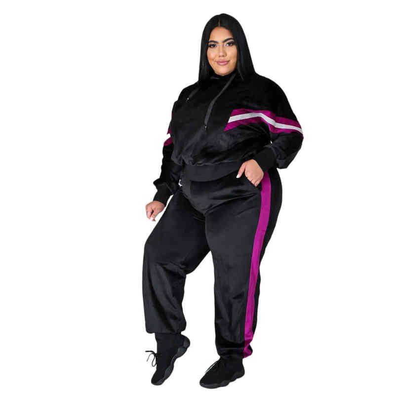 Women's Plus Size Tracksuits Velvet Trendy Plus Size Women Clothing Tracksuits Fashion Hooded Tops Casual Pants Patchwork Sexy Two Piece Sets Wholesale L220905