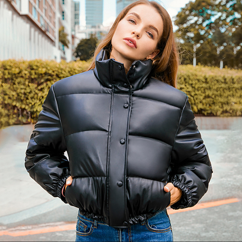 Women's Leather Faux Leather Winter Warm Thick PU Leather Coats Women Short Parkas Fashion Black Cotton Padded Lady Down Jacket Elegant Zipper Clothes 220905