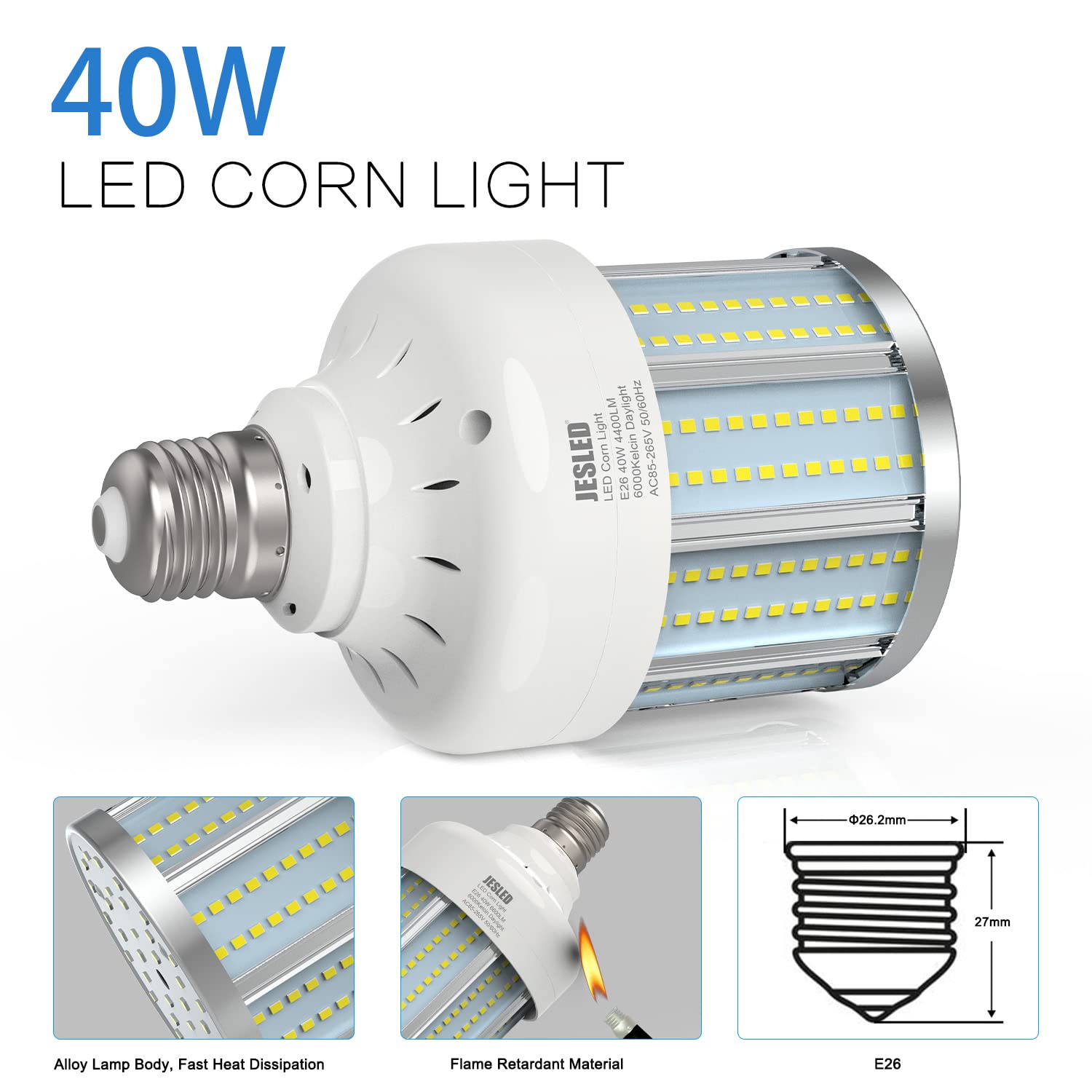 2022 NEW 280W Equivalent E26 LED Corn Bulb E26/E27 Medium Base 40W 4400 Lumens 6000K Large Area Cool Daylight White Indoor Outdoor Garage Warehouse Factory Porch