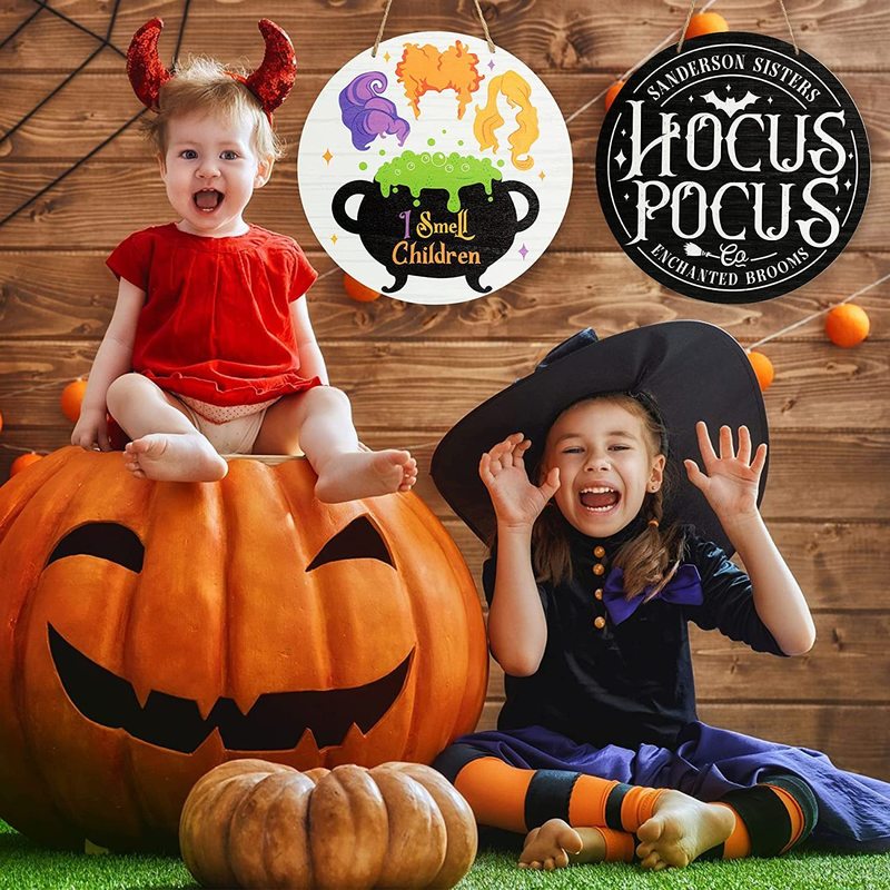 Party-Dekoration, 2 Stück, Halloween-Türschild aus Holz mit Ornamenten, hängende Feiertags-Hexe, runde Türplatte, ich rieche Kinder, Hocus Pocus-Dekoration 220905