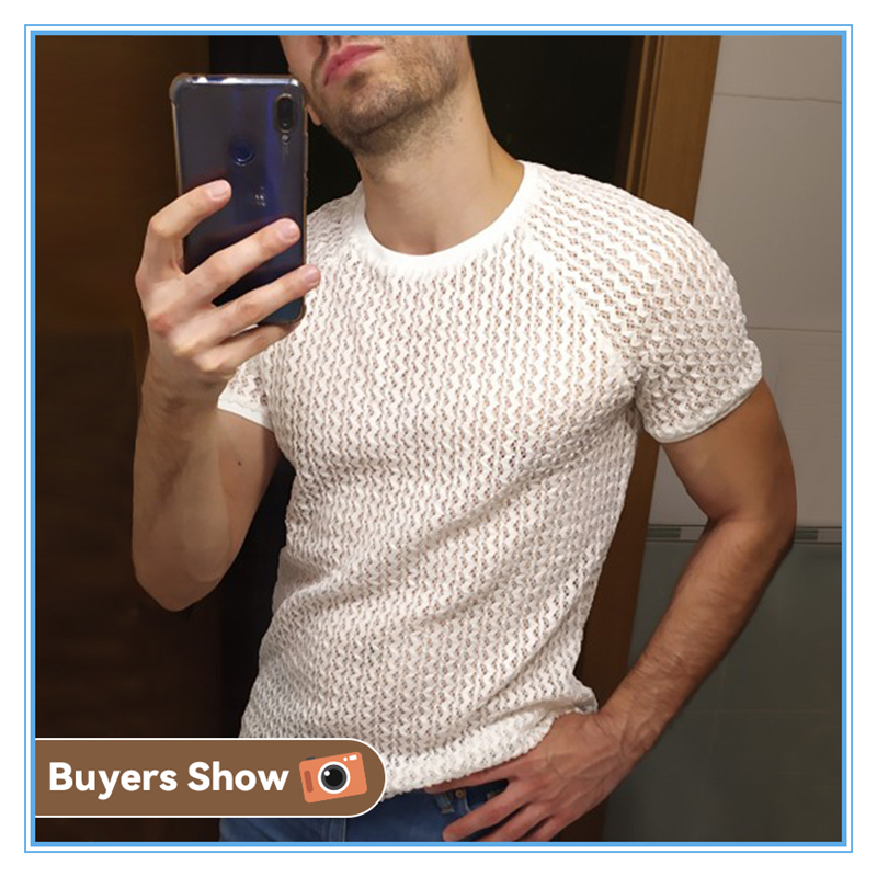 T-shirts pour hommes T-shirt pour hommes Couleur unie Évider Voir à travers Streetwear Manches courtes O Neck Tops Vacances Casual Sexy Camisetas INCERUN 7 220905