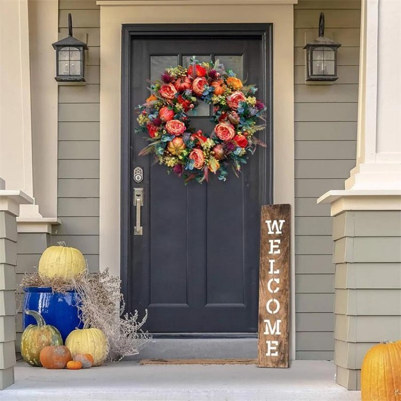 Party Decoration Fall Peony And Pumpkin Sunflower Wreath for Front Door Home Farmhouse Decor Festival Celebration Thanksgiving Wreath Decor 220905