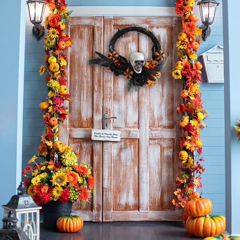 Faux Floral Greenery Halloween Череп тыква венок входная дверь висят праздничные украшения ужасов с привидениями атмосфера декоративная для стены дверь 220905