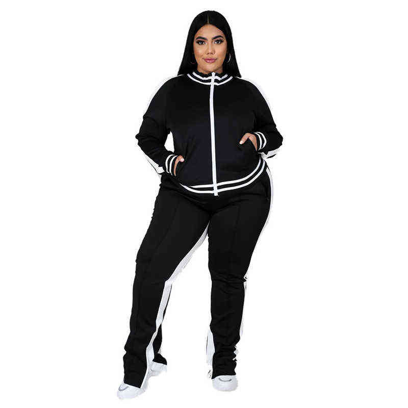 Damskie dresy dla kobiet w dużych rozmiarach L-5xl Dwuczęściowy zestaw kobiet w paski w paski Top Slit Spodnie Casual Jogger Zestaw Zestaw Mujor Hurtowa Dropshipping L220905